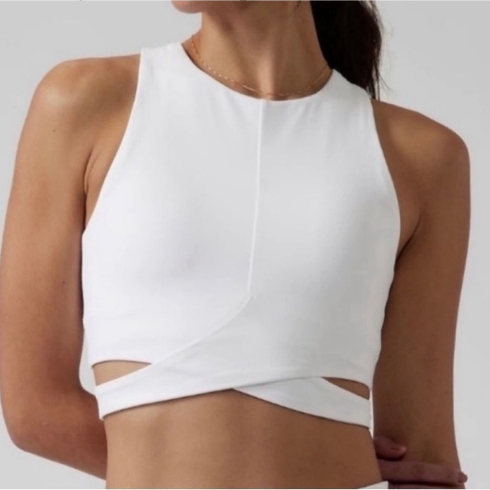 ATHLETA CONSCIOUS CUT OUT CROP TOP HIGH NECK TANK WHITE